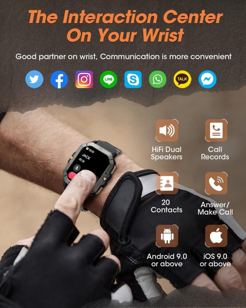 Military Smart Watches for Men (Answer/Make Calls), 2.02'' Fitness Smart Watch for Android and iPhone, Waterproof Fitness Tracker with Blood Pressure/Heart Rate/Sleep/100+ Sport Modes, Watches for Men - Image 5
