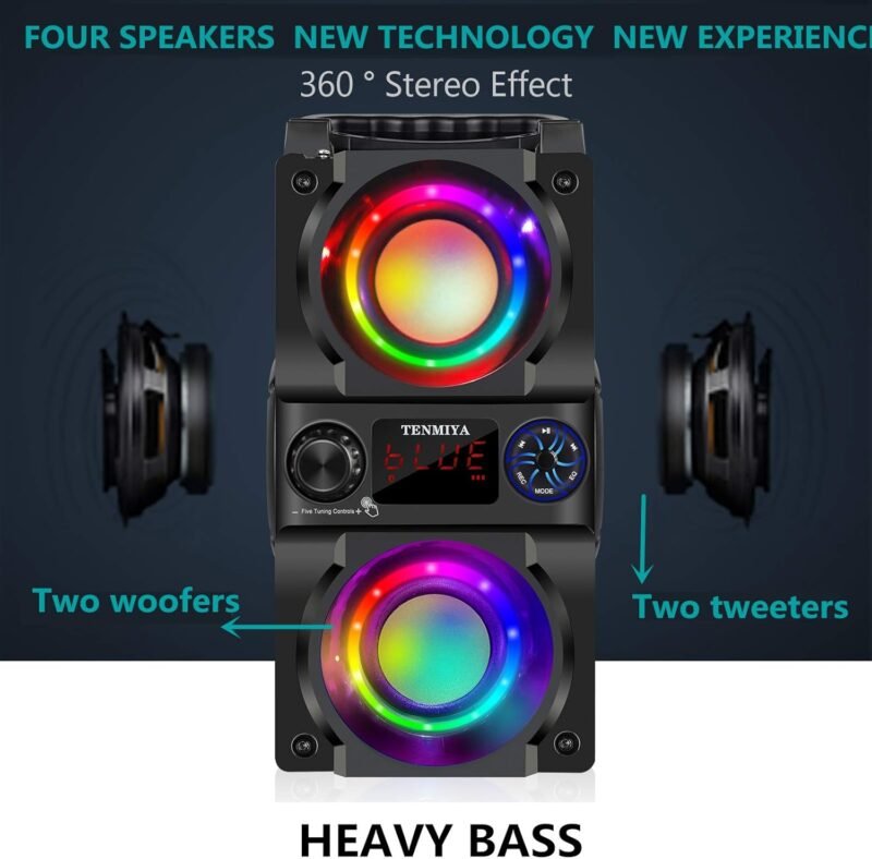 Bluetooth Speaker, 40W (60W Peak) Portable Wireless Speaker with Colorful Lights, Double Subwoofer Heavy Bass, FM Radio, MP3 Player, Bluetooth 5.0, Loud Stereo speakers for Home Outdoor Party Camping - Image 2