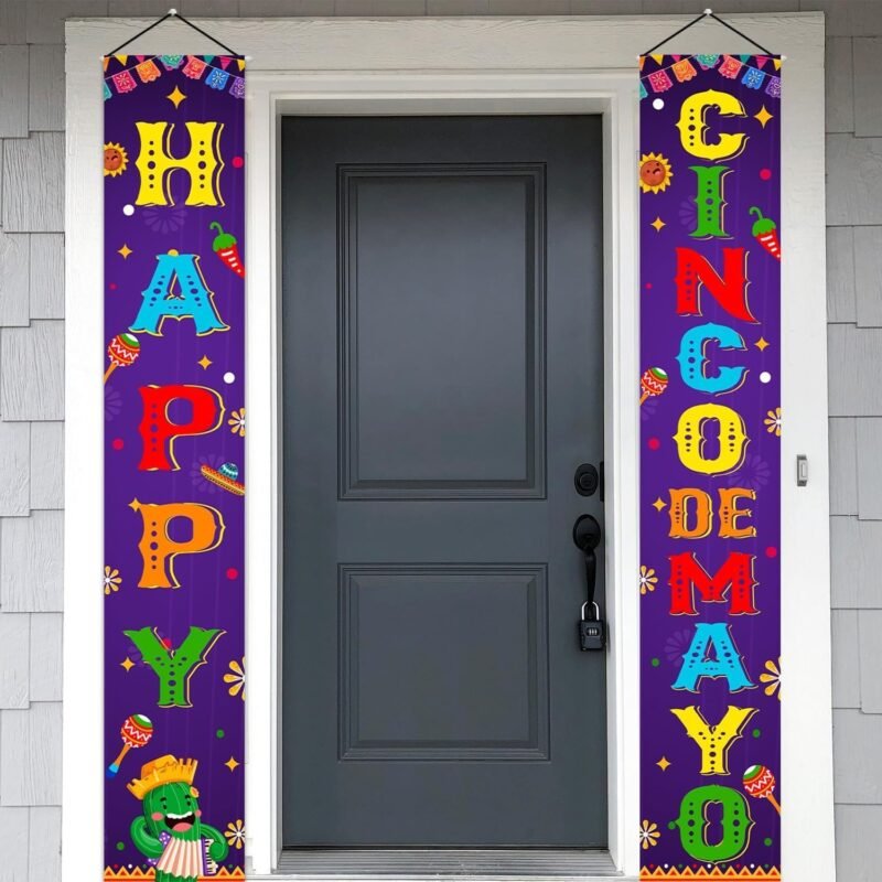 Cinco De Mayo Decorations Banner 2pcs Happy Cinco De Mayo Porch Sign Banner Mexican Fiesta Party Door Decorations 70.8x11.8Inch 5 De Mayo Porch Sign for Mexican Party