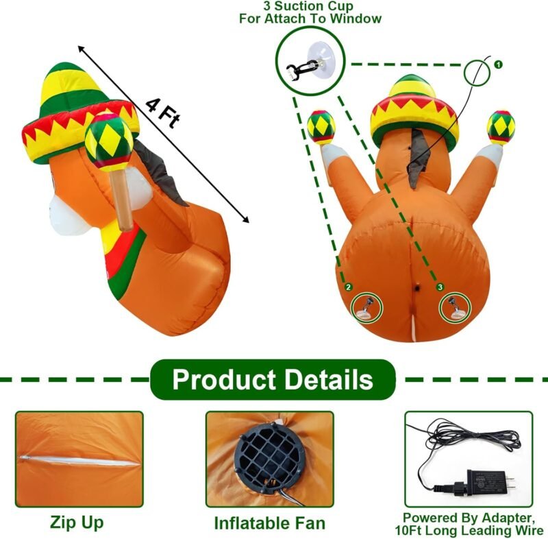 TURNMEON 4 Ft Cinco De Mayo Inflatables Outdoor Decorations Blow Up Fiesta Donkey with Sombrero Maraca Lean Out from Window Built-in LED for May 5 Mexican Fiesta Party Decorations Yard Lawn Garden - Image 3