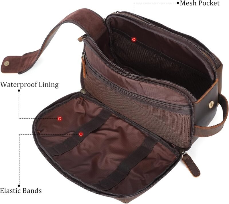 Polare Full Grain Leather Toiletry Bag for Men Large Travel Cosmetic Case Dopp Kit Shaving Kit Wash Pouch with YKK Zippers - Image 5