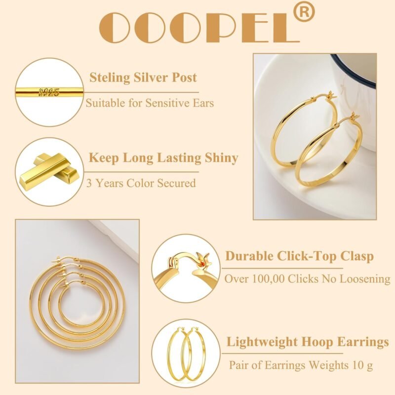 OOOPEL 3mm Wide Large Hoop Earrings for Women Hypoallergenic 925 Sterling Silver Post Gold Earrings Lightweight Silver Hoop Earrings Oversize Big Gold Hoops 30/40/50/60MM - Image 3