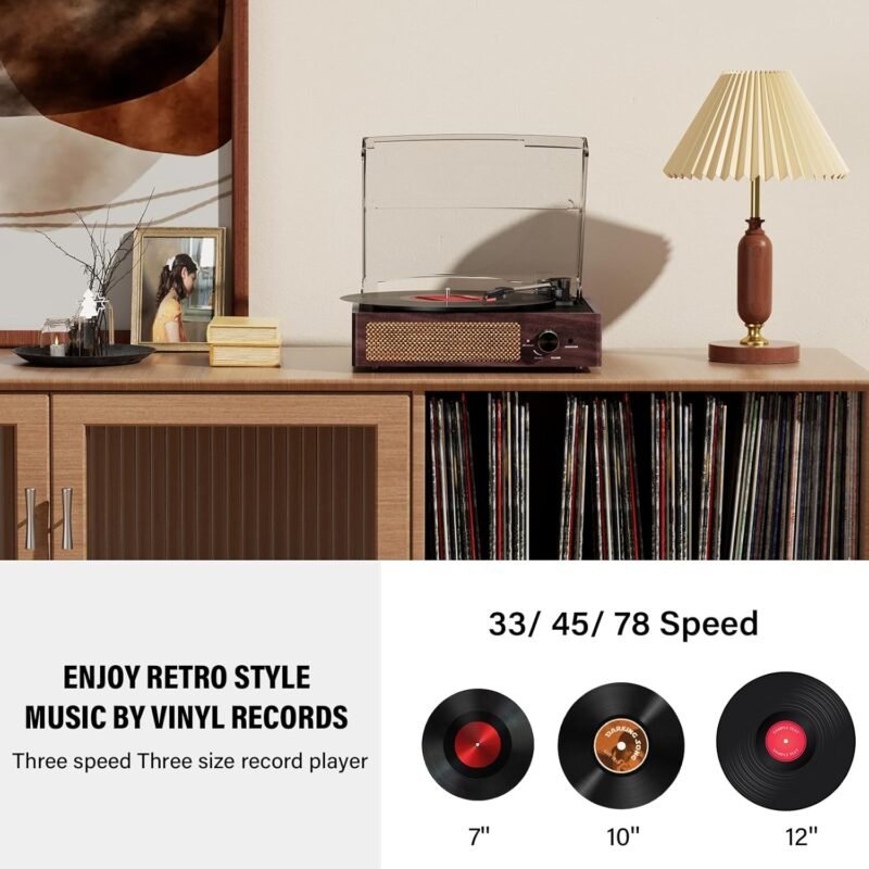 Bluetooth Vinyl Record Player,3-Speed Turntable with Stereo Speakers Vintage Phonograph Record Player, with RCA Line Out AUX in Headphone Jack (Brown) - Image 4