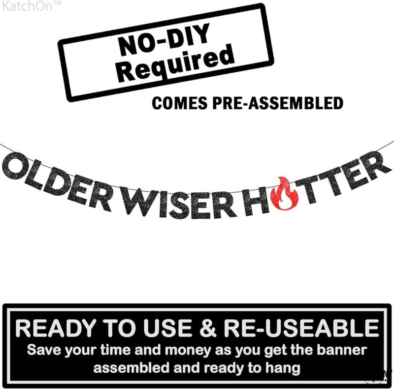 KatchOn Older Wiser Hotter Glitter Black Banner - 10 Feet, Reusable, Adult Birthday Decorations - Image 2