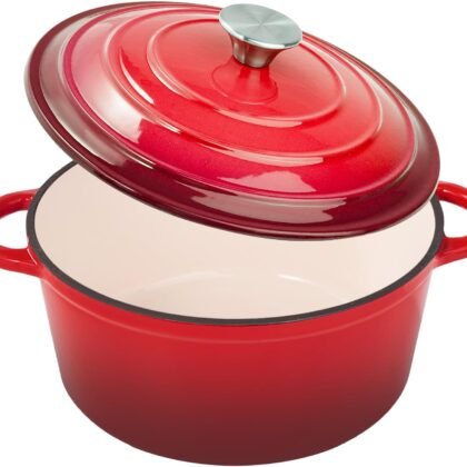 6 Quart Enameled Cast Iron Dutch Oven Pot with Lid, Dual Handle for Bread Baking, Pre-Seasoned Cookware, Heavy-Duty, Oven Safe up to 500° F, Non-stick & Applicable All Cookings, Red