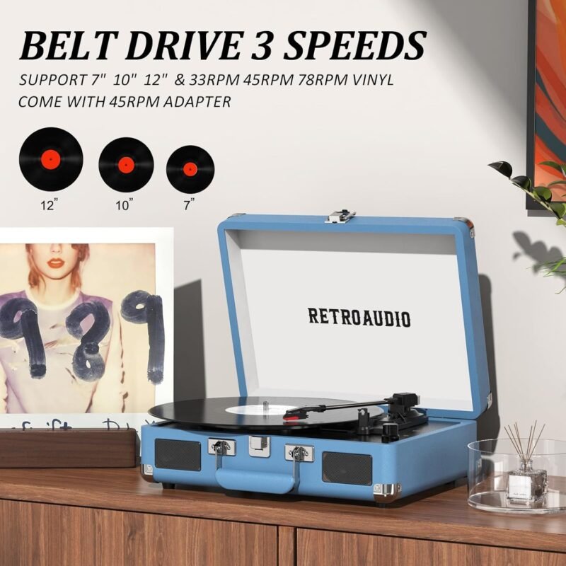 Vinyl Record Player Bluetooth Vintage Portable Suitcase Turntable with Built-in Speakers 3-Speed Belt-Driven Record Player Support RCA Output and Headphone Output - Image 4