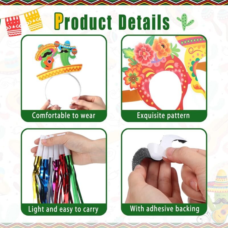Blosssound 66 Pcs Mexican Fiesta Party Favors Cinco De Mayo Decorations Include Taco Sombrero Piñata Headbands Margarita Cactus Eyeglasses Noise Makers Black Mustaches for Mexican Party Supplies - Image 3