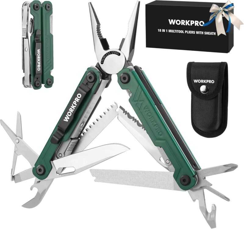 WORKPRO 18-in-1 Multi Tool Pliers, Stainless Steel EDC Multitool with Pocket Knife, 2 Safety Locks, Belt Clip and Oxford Pouch, Multipurpose Utility Multiuse Tool for Camping Outdoor Activities