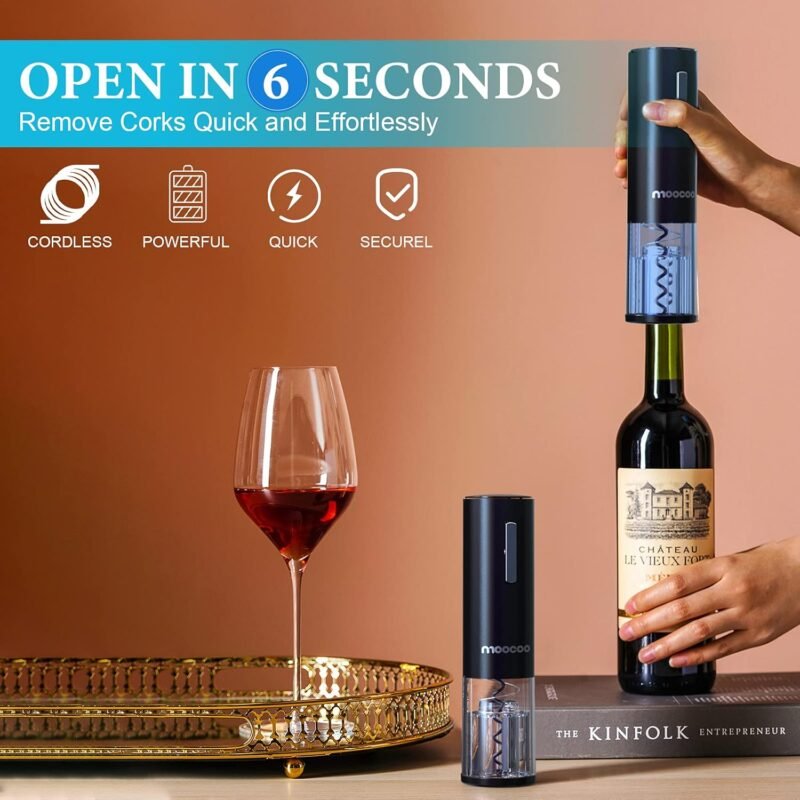 Electric Wine Opener with Charging Base, Cordless Electric Wine Bottle Opener with 2-in-1 Aerator &Pourer, Foil Cutter, 2 Vacuum Preservation Stoppers, Display Charging Station for Easy Storage - Image 3