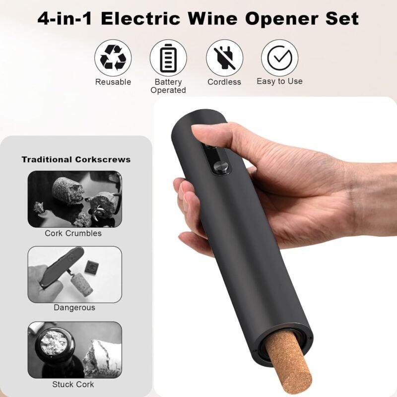 COKUNST Electric Wine Opener Set, Battery Operated Automatic Corkscrews Wine Bottles Opener with Foil Cutter, Wine Pourer, Vacuum Stopper, Reusable Wine Remover for Wine Lover Gift Home Kitchen Party - Image 4