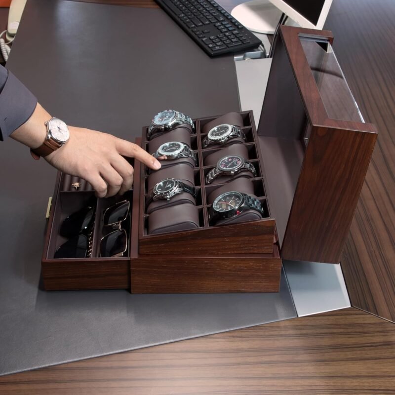High End Watch Box for Men, 12 Slot Wooden Watch Case With Drawer, Watch Display Box with Glass Lid, 2-Layer Watch Holder for Jewelry and Watch Storage for Men Women , Ideal for Gift (With Gift Box) - Image 2