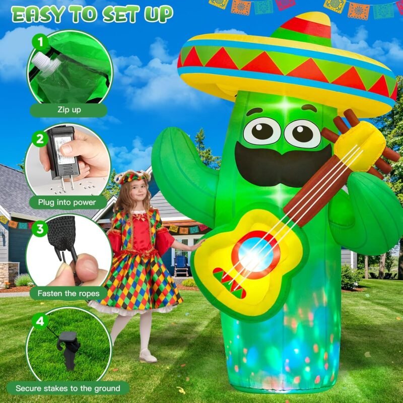 Danxilu 6 FT Cinco De Mayo Inflatables Outdoor Decoration, Blow Up Inflatable Cactus with Taco Sombreros Guitar Built-in LEDs for Indoor Yard Garden Lawn May 5 Fiesta Mexican Decorations Party - Image 5