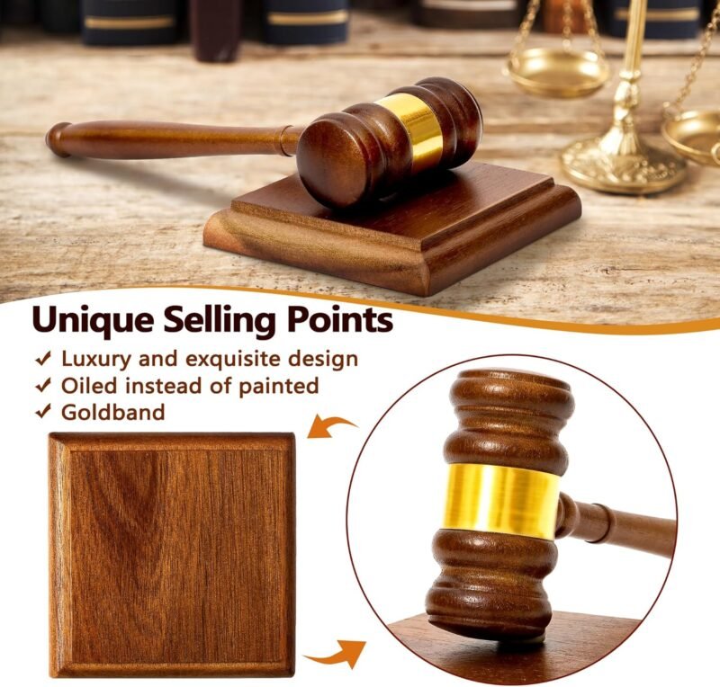 Premium Wooden Gavel and Block Set with Gold Band - Perfect for Student, Lawyer, Auction, Court, and Judge Meetings - Large Acacia Wood Gavel with Rectangular/Square Block - Image 4