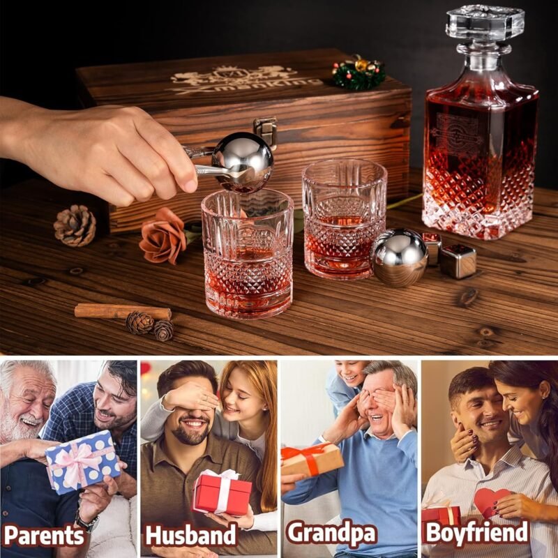 Whiskey Decanter, Decanter Sets for Men, Whiskey Glasses, Stainless Steel Whiskey Stones and Tongs with Wooden Gift Box, Father's Day Gifts for Dad, Retirement Birthday Gifts for Men - Image 7
