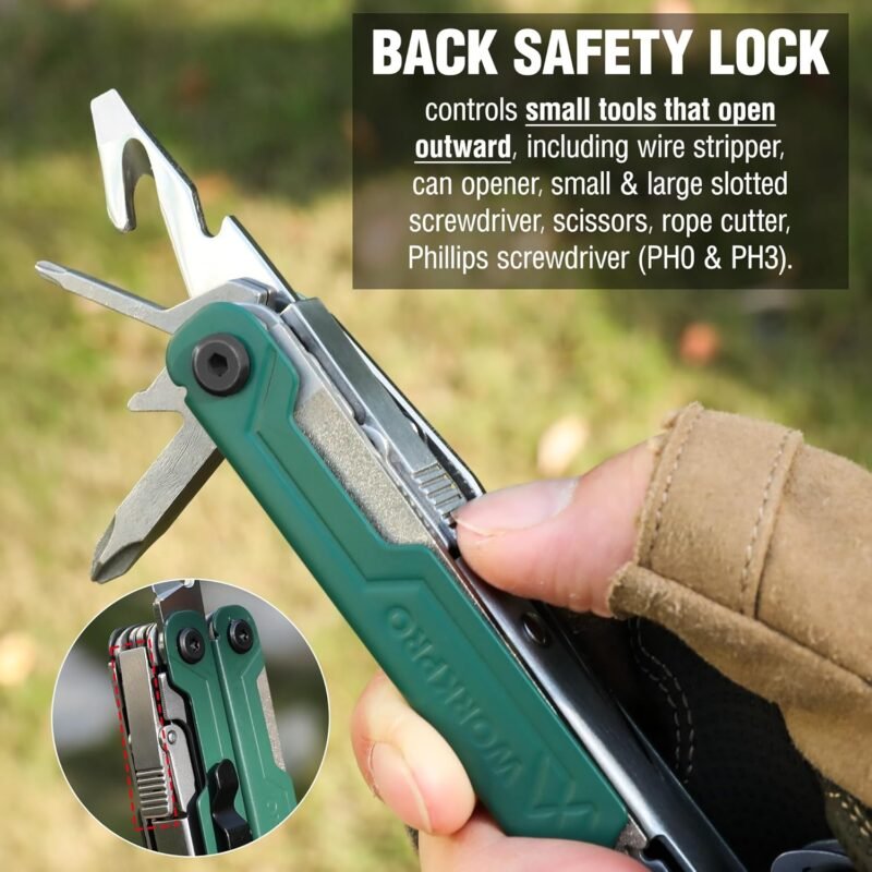 WORKPRO 18-in-1 Multi Tool Pliers, Stainless Steel EDC Multitool with Pocket Knife, 2 Safety Locks, Belt Clip and Oxford Pouch, Multipurpose Utility Multiuse Tool for Camping Outdoor Activities - Image 4