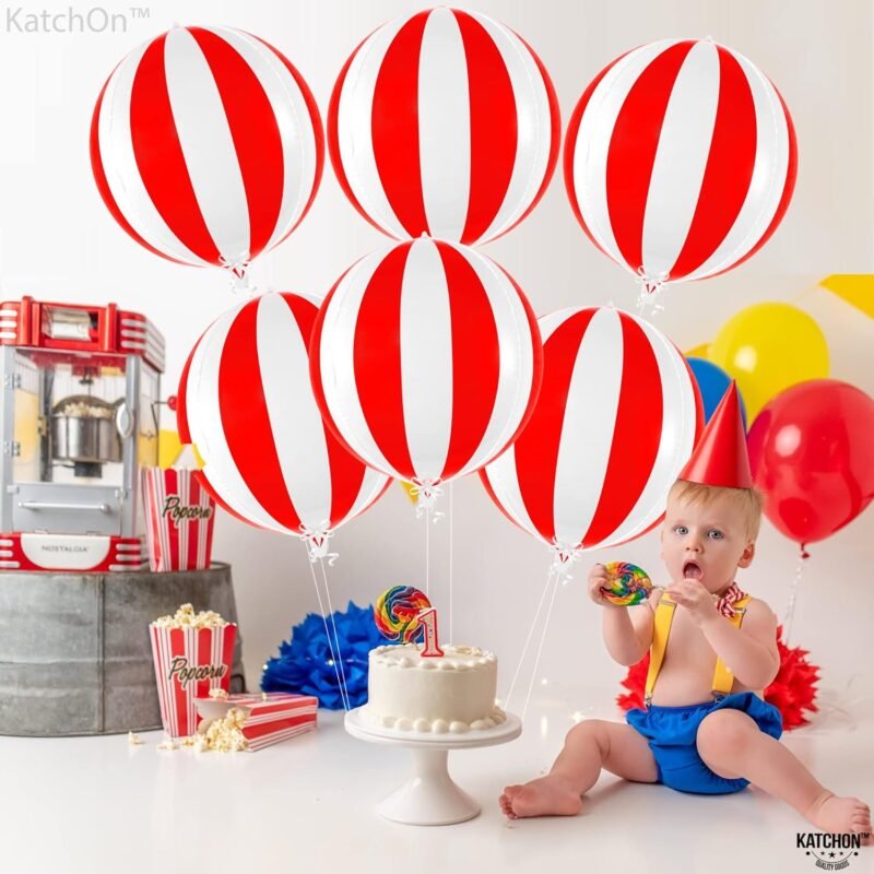 KatchOn Red and White Carnival Balloons - Pack of 6 | Circus Decorations | Striped Balloons for Theme Party - Image 2