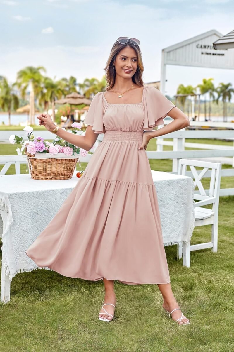 GRACE KARIN Women's Summer Short Sleeve Square Neck Smocked Waist Casual Vacation Tiered Flowy Maxi Dress - Image 2