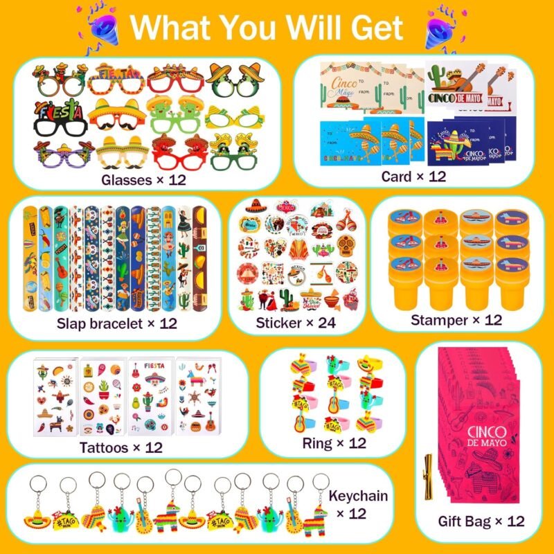 120 PCS Fiesta Party Favor, Mexican Party Gift for Kids, Cinco De Mayo Eyeglasses, Keychains, Stampers, Slap Bracelets Classroom Prize School Exchange for Cinco De Mayo Birthday Party Supplies - Image 2