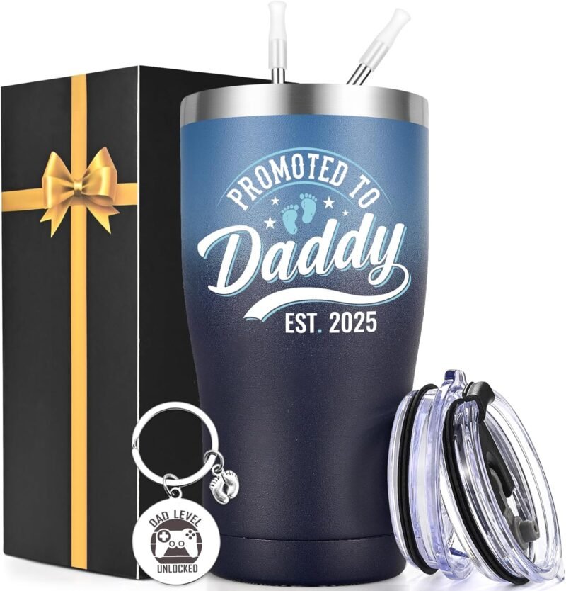 Lifecapido New Dad Gifts, Promoted to Daddy Est 2025 20oz Insulated Tumbler with Key Chain, First Father's Day Gifts for First Time Dad Daddy, Gradient
