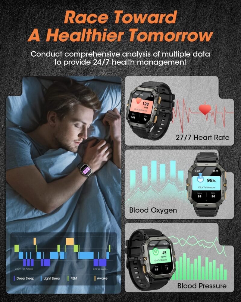 Military Smart Watches for Men (Answer/Make Calls), 2.02'' Fitness Smart Watch for Android and iPhone, Waterproof Fitness Tracker with Blood Pressure/Heart Rate/Sleep/100+ Sport Modes, Watches for Men - Image 4