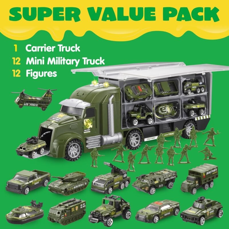 JOYIN 25 in 1 Green Military Big Truck Toys, Army Men Tanks Set with Soldier Men, Mini Battle Car Toy in Carrier Truck with Lights and Sounds, Gifts for Toddler Kids Boys Ages 3+ - Image 2