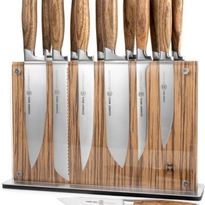 Schmidt Brothers - Zebra Wood, 15-Piece Kitchen Knife Set, High-Carbon Stainless Steel Cutlery with Zebra Wood and Acrylic Magnetic Knife Block and Knife Sharpener
