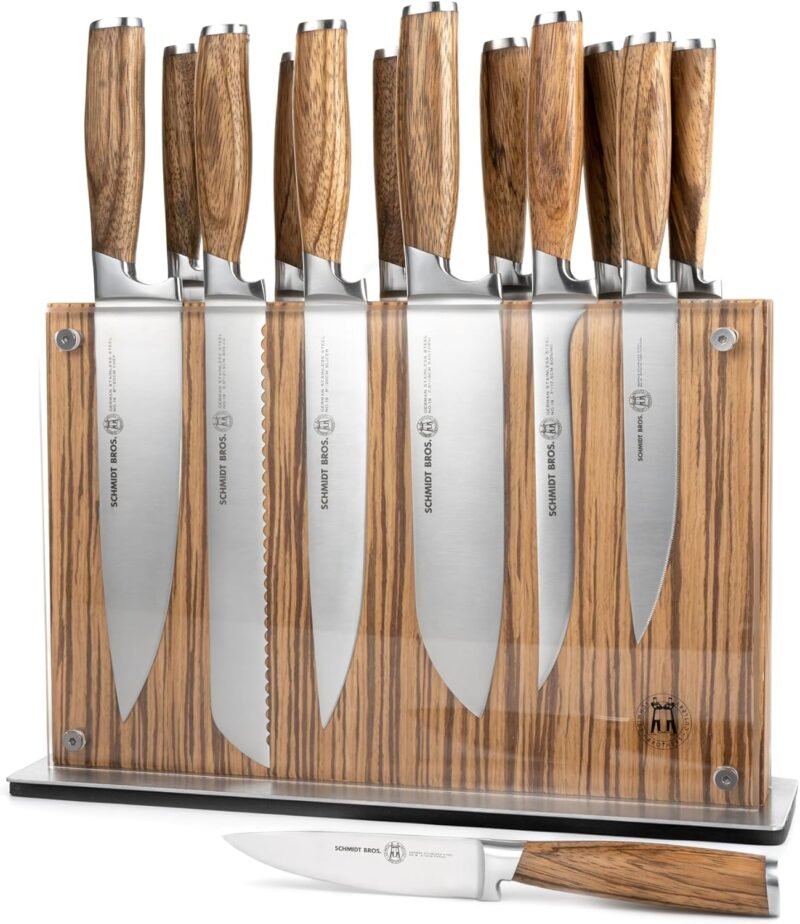 Schmidt Brothers - Zebra Wood, 15-Piece Kitchen Knife Set, High-Carbon Stainless Steel Cutlery with Zebra Wood and Acrylic Magnetic Knife Block and Knife Sharpener