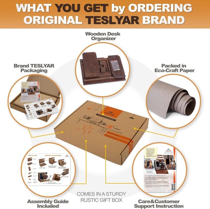 TESLYAR Wood Phone Docking Station for Men - Desk or Nightstand Organizer - Birthday Gifts for Husband, Dad - Anniversary Idea from Wife - Key Holder, Stand Wallet, Watch & Essentials (Bourbon Brown) - Image 8