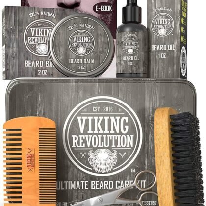 Viking Revolution Beard Care Kit for Men - Kit includes 100% Boar Beard Brush, Wooden Comb, Beard Balm, Beard Oil, Beard & Mustache Scissors in a Metal Box