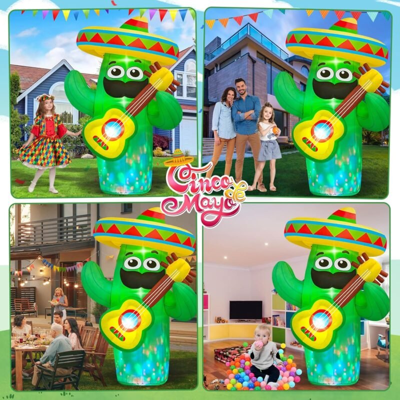 Danxilu 6 FT Cinco De Mayo Inflatables Outdoor Decoration, Blow Up Inflatable Cactus with Taco Sombreros Guitar Built-in LEDs for Indoor Yard Garden Lawn May 5 Fiesta Mexican Decorations Party - Image 3