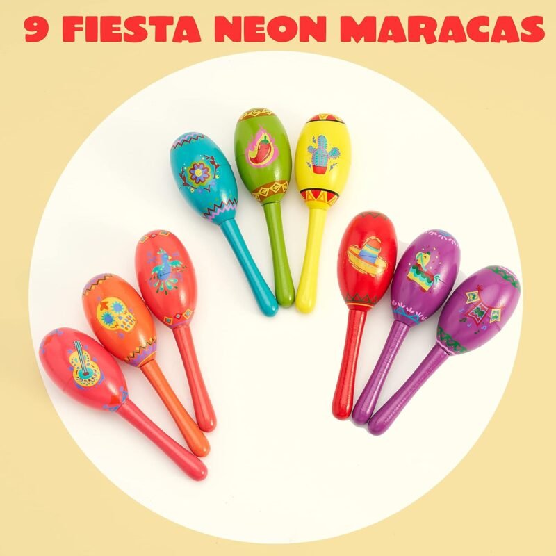 JOYIN 9 Pcs Fiesta Wooden Maracas 9 Designs Noisemaker for Cinco De Mayo Party Favors, Mexican Musical Fun, Carnivals, Taco Tuesday Event, Mexican Decorations, Luau Party - Image 2