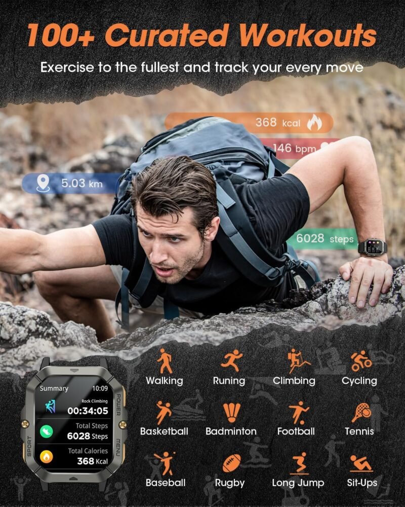 Military Smart Watches for Men (Answer/Make Calls), 2.02'' Fitness Smart Watch for Android and iPhone, Waterproof Fitness Tracker with Blood Pressure/Heart Rate/Sleep/100+ Sport Modes, Watches for Men - Image 3