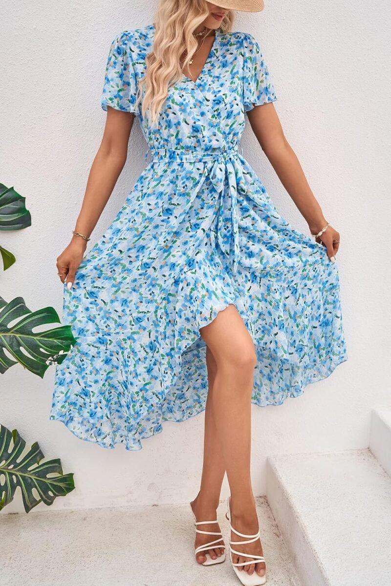PRETTYGARDEN Women's Summer Floral Boho Maxi Dress Wrap Short Sleeve V Neck Ruffle A-Line Flowy Wedding Guest Long Dresses - Image 2