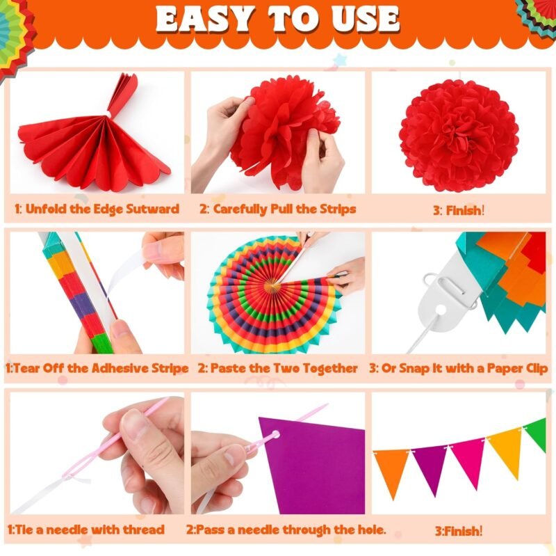 35 PCS Cinco de Mayo Decorations, Fiesta Party Decorations, Cinco de Mayo Banner Paper Fans Tissue Pompom Hanging Swirls Garland String for Fiesta Mexican Party Decorations Favors Supplies Decor - Image 4