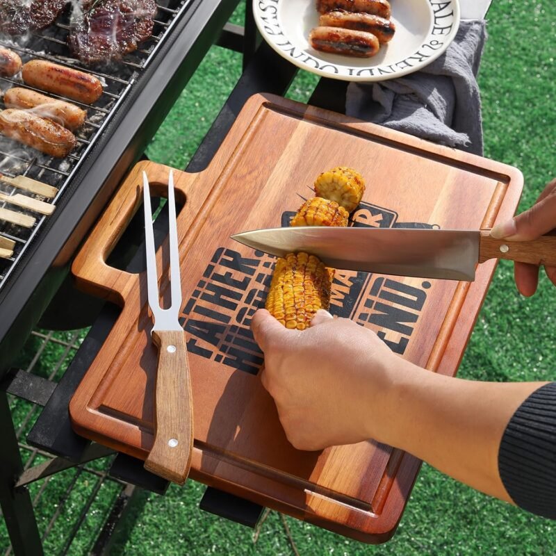 Fathers Day Grilling Gifts for Men，15.8" Acacia Wood Large Grilling Cutting Board with Carving Knife and fork Set，Grill BBQ Gifts for Men，Father's Day Dad Cooking Gift Grill Master Barbecue Presents - Image 5