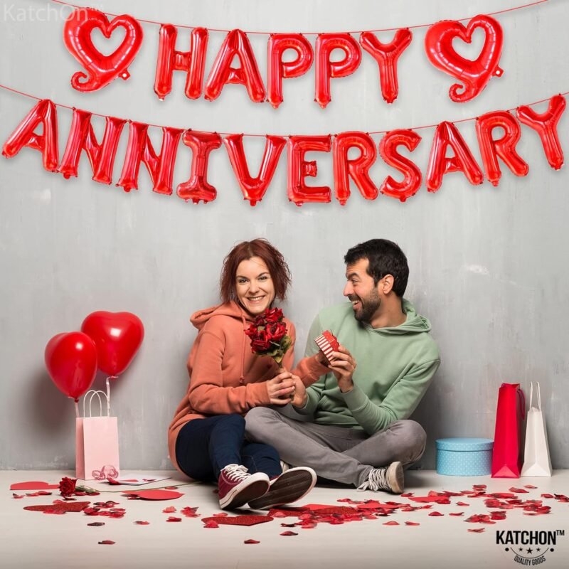 KatchOn 18 Inch Happy Anniversary Balloons Letters - Big Red Banner for Decorations | Heart Balloons for Party - Image 2