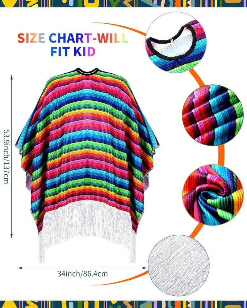 48 Pcs Mexican Costume Poncho Sombrero Serape Cinco De Mayo Fiesta Party Supplies Poncho Mustaches Necklace Set for Adults Party Favors Decorations - Image 2