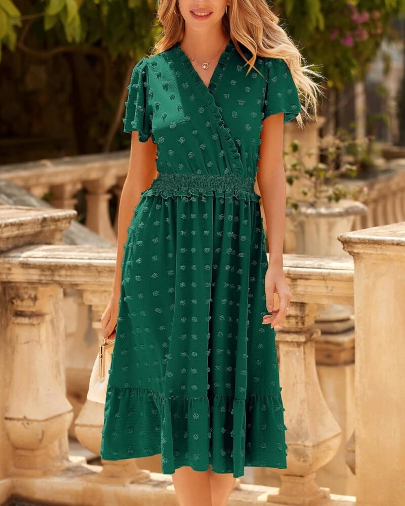 BTFBM Women Short Sleeve V Neck Swiss Dot Midi Summer Dresses 2024 Boho Ruffle Long Dresses Ruffle Wedding Guest Dress - Image 2