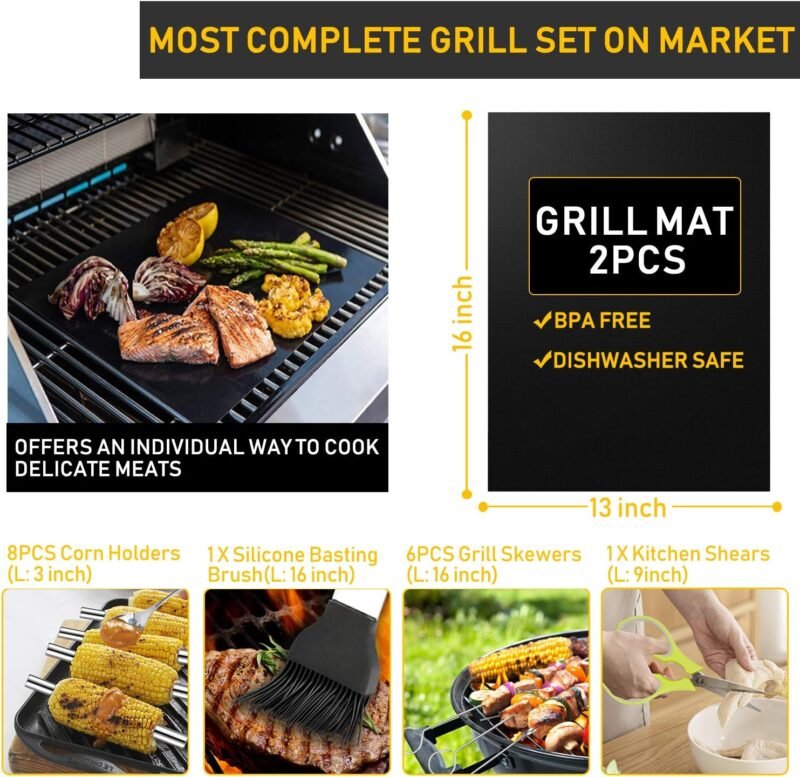 34Pcs Grill Accessories Grilling Gifts for Men, 16 Inches Heavy Duty BBQ Accessories, Stainless Steel BBQ Tools with Thermometer, Grill Mats for Backyard, BBQ Gifts Set for Men Women - Image 4