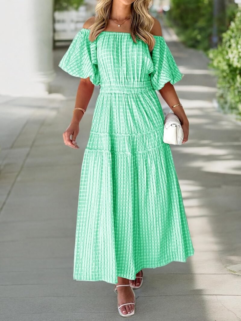 MASCOMODA Off The Shoulder Flowy Maxi Dress for Women 2024 Summer Casual Puff Short Sleeve Smocked Ruffle Beach Long Dresses - Image 7