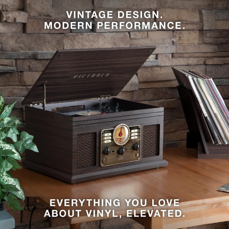 Victrola Nostalgic 6-in-1 Bluetooth Record Player & Multimedia Center with Built-in Speakers - 3-Speed Turntable, CD & Cassette Player, FM Radio | Wireless Music Streaming | Mahogany - Image 5