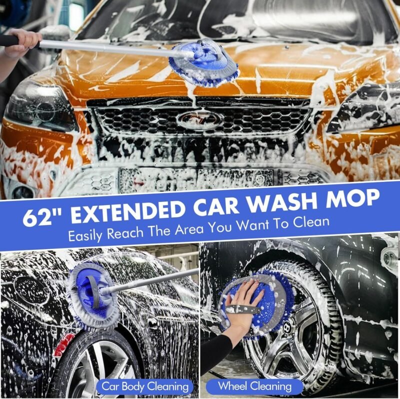 62'' Car Wash Brush with Long Handle, Scratch-Free Car Wash Mop Kit with Wheel Tire Brush, Wash Mitt Towel, Windshield Squeegee, Car Cleaning Brush Kit for Cars RV Truck Boat - Image 4