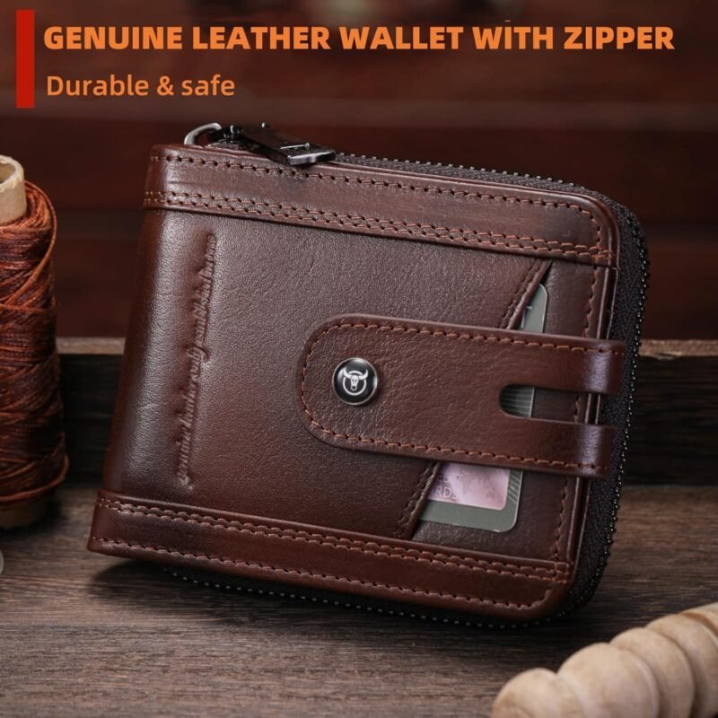BULLCAPTAIN Genuine Leather Men's Wallet with Zipper Vintage RFID Blocking Large Capacity Wallet for Men with 14 Credit Card Slots and 1 ID Window T23 (Coffee) - Image 2