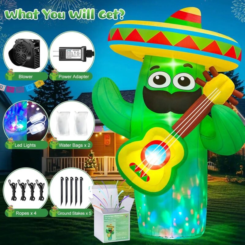 Danxilu 6 FT Cinco De Mayo Inflatables Outdoor Decoration, Blow Up Inflatable Cactus with Taco Sombreros Guitar Built-in LEDs for Indoor Yard Garden Lawn May 5 Fiesta Mexican Decorations Party - Image 4