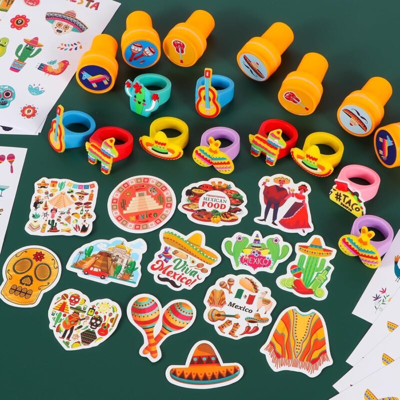120 PCS Fiesta Party Favor, Mexican Party Gift for Kids, Cinco De Mayo Eyeglasses, Keychains, Stampers, Slap Bracelets Classroom Prize School Exchange for Cinco De Mayo Birthday Party Supplies - Image 3