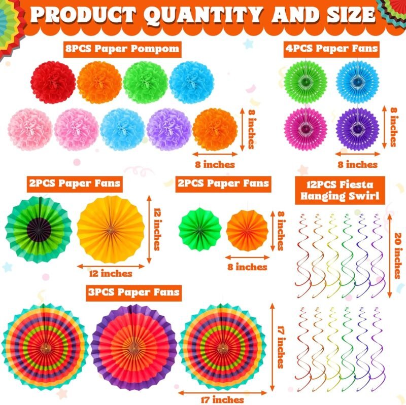 35 PCS Cinco de Mayo Decorations, Fiesta Party Decorations, Cinco de Mayo Banner Paper Fans Tissue Pompom Hanging Swirls Garland String for Fiesta Mexican Party Decorations Favors Supplies Decor - Image 2