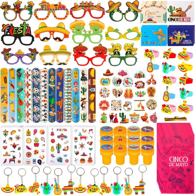 120 PCS Fiesta Party Favor, Mexican Party Gift for Kids, Cinco De Mayo Eyeglasses, Keychains, Stampers, Slap Bracelets Classroom Prize School Exchange for Cinco De Mayo Birthday Party Supplies