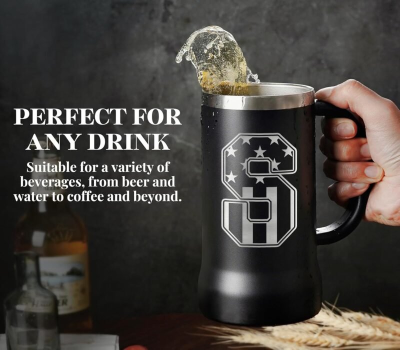 Onebttl Personalized Beer Stein, Beer Mug with Handle - Gifts for Beer Lovers, Men Who Have Everything on Birthday, Christmas - Customized Patriotic US Flag Gifts, Monogram 24 oz Cup, J - Image 5
