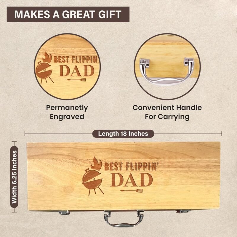 11-Piece BBQ Grilling Set with Engraved Maple Wood Box, Stainless Steel Tools with Wooden Handles, Ideal Gift for Dad on Birthday, Father’s Day - Best Flipping Dad - Image 4