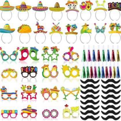 Blosssound 66 Pcs Mexican Fiesta Party Favors Cinco De Mayo Decorations Include Taco Sombrero Piñata Headbands Margarita Cactus Eyeglasses Noise Makers Black Mustaches for Mexican Party Supplies